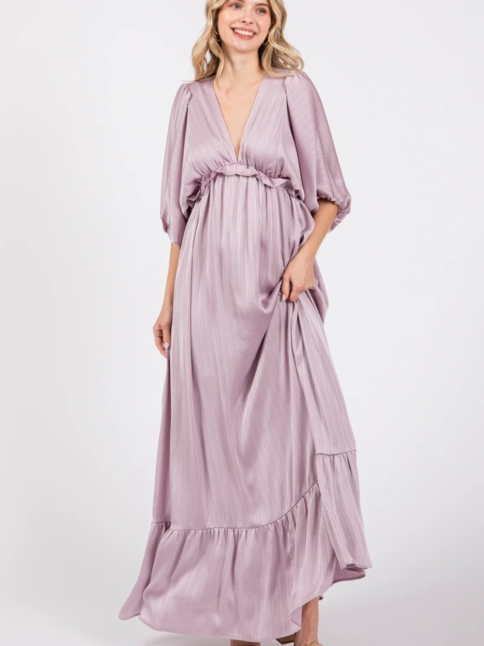 Vanilla Bay maternity long lilac V-neck pleated dress, size S